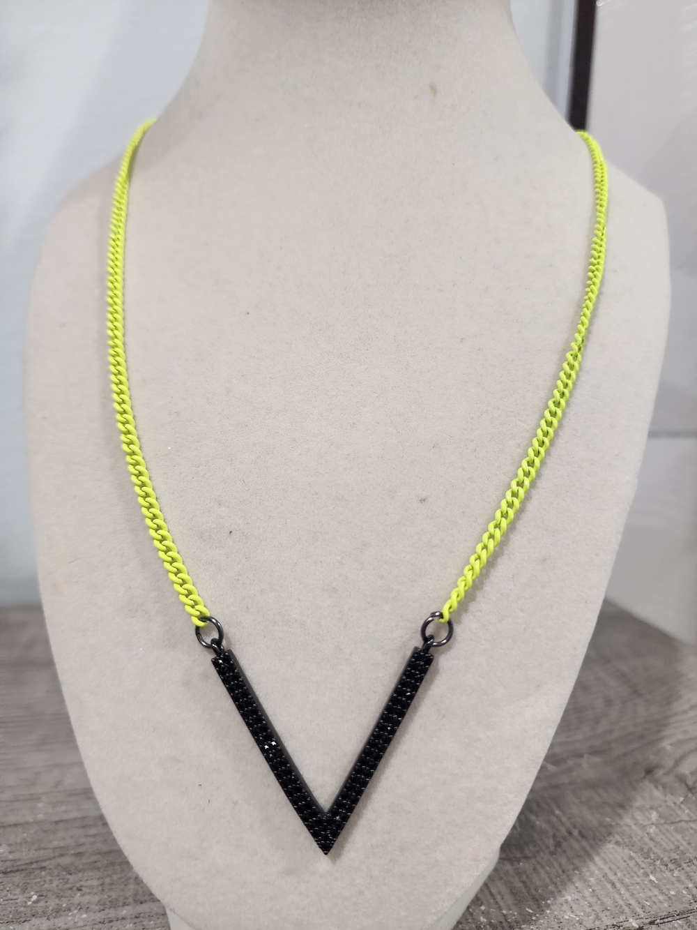 Neon Yellow Chain Necklace with Black V Pave Pendant Alexa Rae